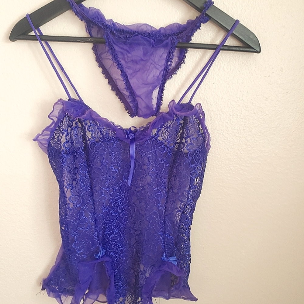 Vintage Purple Lace Lingerie Set w/ Camisole+Thong Panties+Sheer Jacket Size S